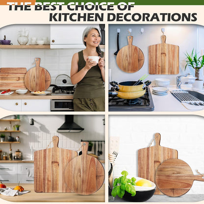 2 Pcs Acacia Wood Cutting Board with Handle Wooden Charcuterie Board Large Paddle Carving Chopping Set Butter Serving Tray for Cheese Meat Fruit Pizza Bread Baking(Classic Handle)