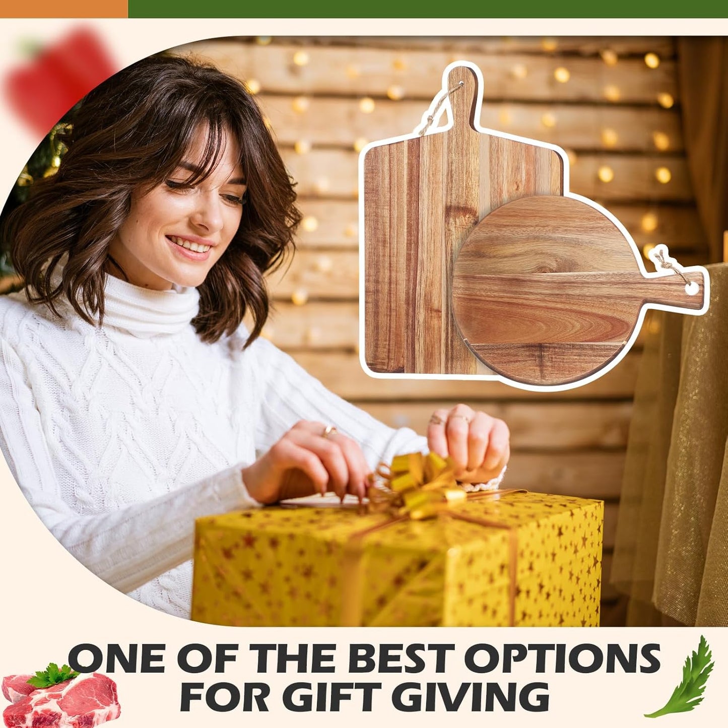 2 Pcs Acacia Wood Cutting Board with Handle Wooden Charcuterie Board Large Paddle Carving Chopping Set Butter Serving Tray for Cheese Meat Fruit Pizza Bread Baking(Classic Handle)