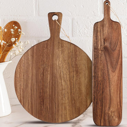 2 Pcs Acacia Wood Cutting Board with Handle Wooden Charcuterie Board Large Paddle Carving Chopping Set Butter Serving Tray for Cheese Meat Fruit Pizza Bread Baking(Classic Handle)