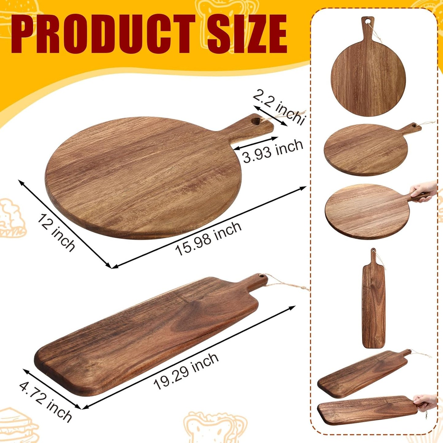 2 Pcs Acacia Wood Cutting Board with Handle Wooden Charcuterie Board Large Paddle Carving Chopping Set Butter Serving Tray for Cheese Meat Fruit Pizza Bread Baking(Classic Handle)