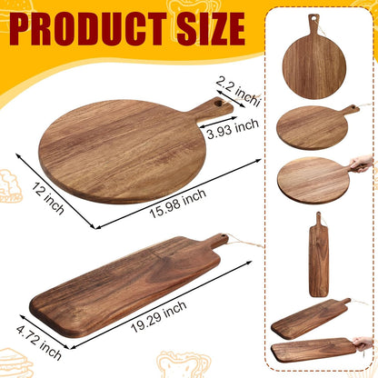 2 Pcs Acacia Wood Cutting Board with Handle Wooden Charcuterie Board Large Paddle Carving Chopping Set Butter Serving Tray for Cheese Meat Fruit Pizza Bread Baking(Classic Handle)