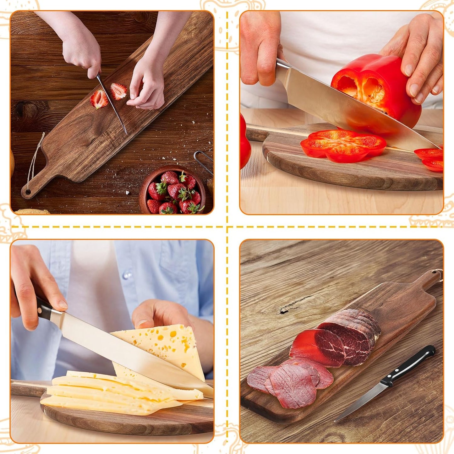 2 Pcs Acacia Wood Cutting Board with Handle Wooden Charcuterie Board Large Paddle Carving Chopping Set Butter Serving Tray for Cheese Meat Fruit Pizza Bread Baking(Classic Handle)