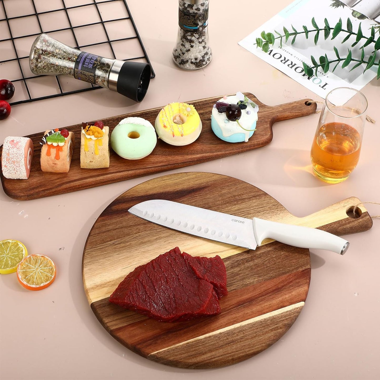 2 Pcs Acacia Wood Cutting Board with Handle Wooden Charcuterie Board Large Paddle Carving Chopping Set Butter Serving Tray for Cheese Meat Fruit Pizza Bread Baking(Classic Handle)