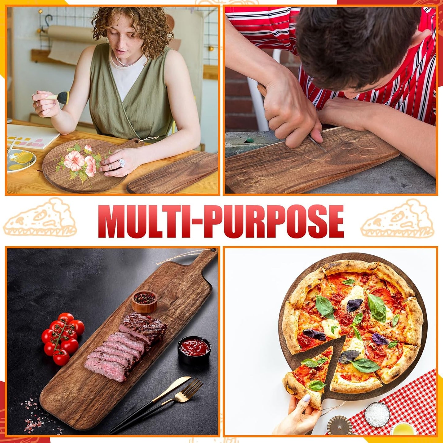 2 Pcs Acacia Wood Cutting Board with Handle Wooden Charcuterie Board Large Paddle Carving Chopping Set Butter Serving Tray for Cheese Meat Fruit Pizza Bread Baking(Classic Handle)