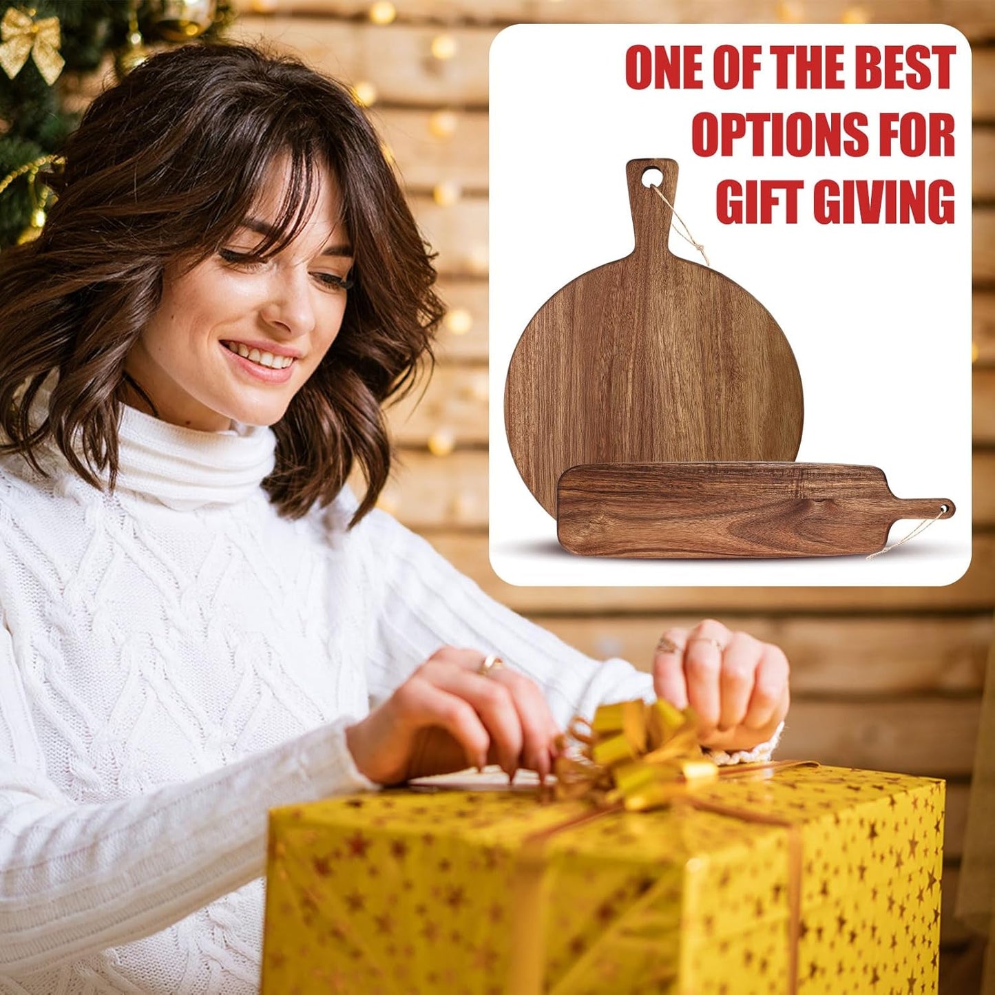 2 Pcs Acacia Wood Cutting Board with Handle Wooden Charcuterie Board Large Paddle Carving Chopping Set Butter Serving Tray for Cheese Meat Fruit Pizza Bread Baking(Classic Handle)