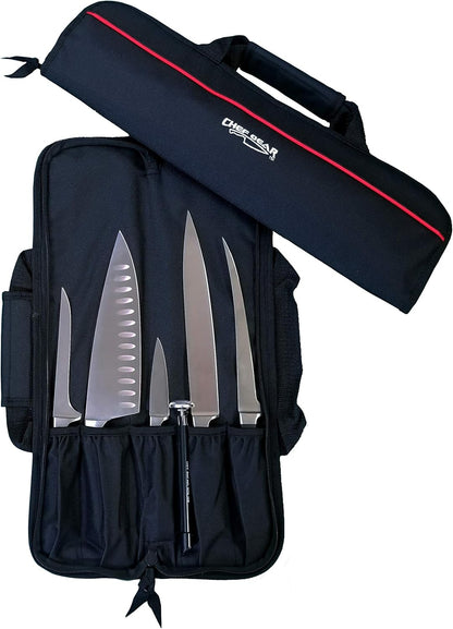 5 Pocket Chef Knife Case Roll Bag Bi-Fold (Black) Lightweight - Durable Nylon / Polyester Blend– Perfect for the Busy Traveling Chef