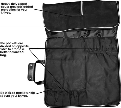 5 Pocket Chef Knife Case Roll Bag Bi-Fold (Black) Lightweight - Durable Nylon / Polyester Blend– Perfect for the Busy Traveling Chef