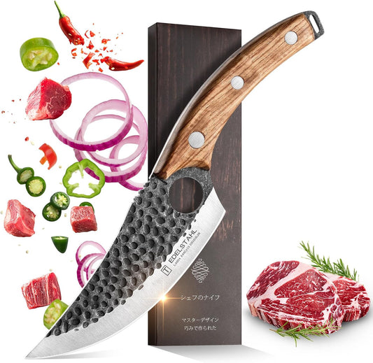 Chef Knife,Kitchen Knife for Boning,Cutting and Chopping,Hand Forged Butcher Knife,Stainless Steel Japanese Knife for Outdoor Cooking,Camping,BBQ,Ergonomic Handle,Brown