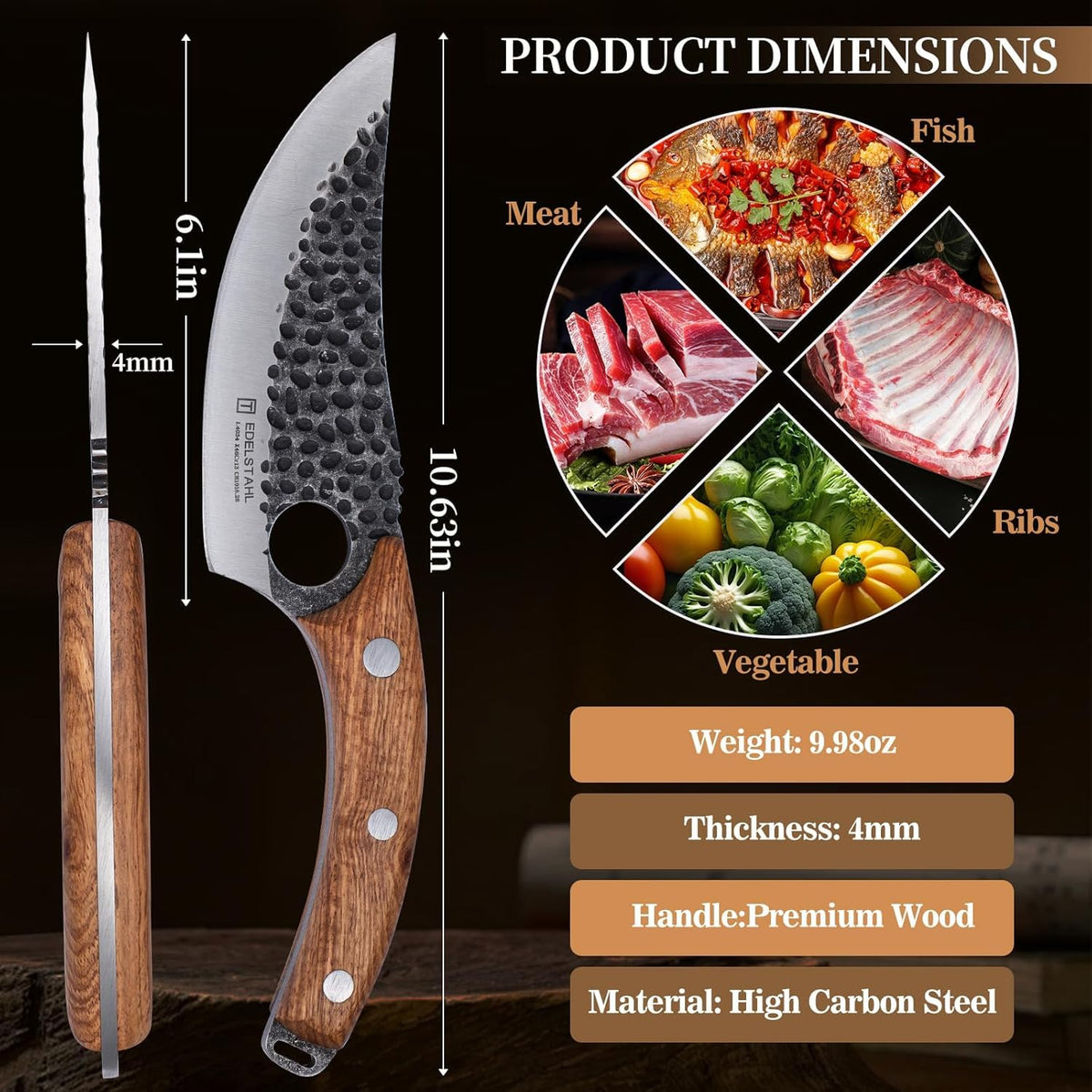 Chef Knife,Kitchen Knife for Boning,Cutting and Chopping,Hand Forged Butcher Knife,Stainless Steel Japanese Knife for Outdoor Cooking,Camping,BBQ,Ergonomic Handle,Brown