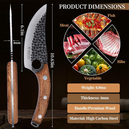 Chef Knife,Kitchen Knife for Boning,Cutting and Chopping,Hand Forged Butcher Knife,Stainless Steel Japanese Knife for Outdoor Cooking,Camping,BBQ,Ergonomic Handle,Brown