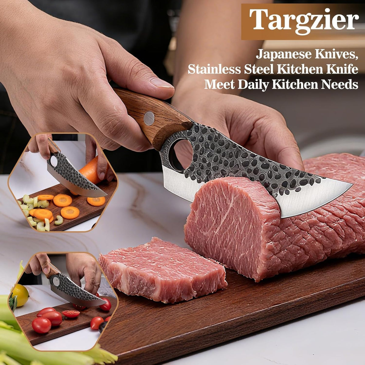 Chef Knife,Kitchen Knife for Boning,Cutting and Chopping,Hand Forged Butcher Knife,Stainless Steel Japanese Knife for Outdoor Cooking,Camping,BBQ,Ergonomic Handle,Brown