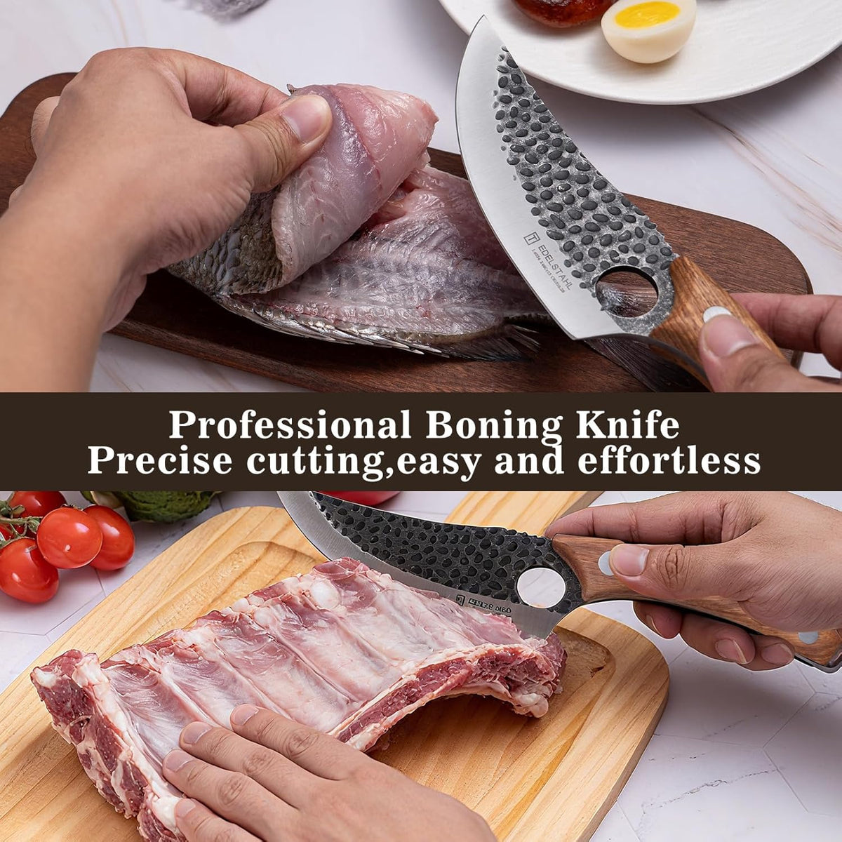 Chef Knife,Kitchen Knife for Boning,Cutting and Chopping,Hand Forged Butcher Knife,Stainless Steel Japanese Knife for Outdoor Cooking,Camping,BBQ,Ergonomic Handle,Brown