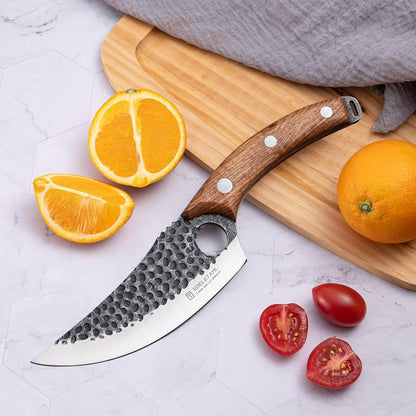 Chef Knife,Kitchen Knife for Boning,Cutting and Chopping,Hand Forged Butcher Knife,Stainless Steel Japanese Knife for Outdoor Cooking,Camping,BBQ,Ergonomic Handle,Brown
