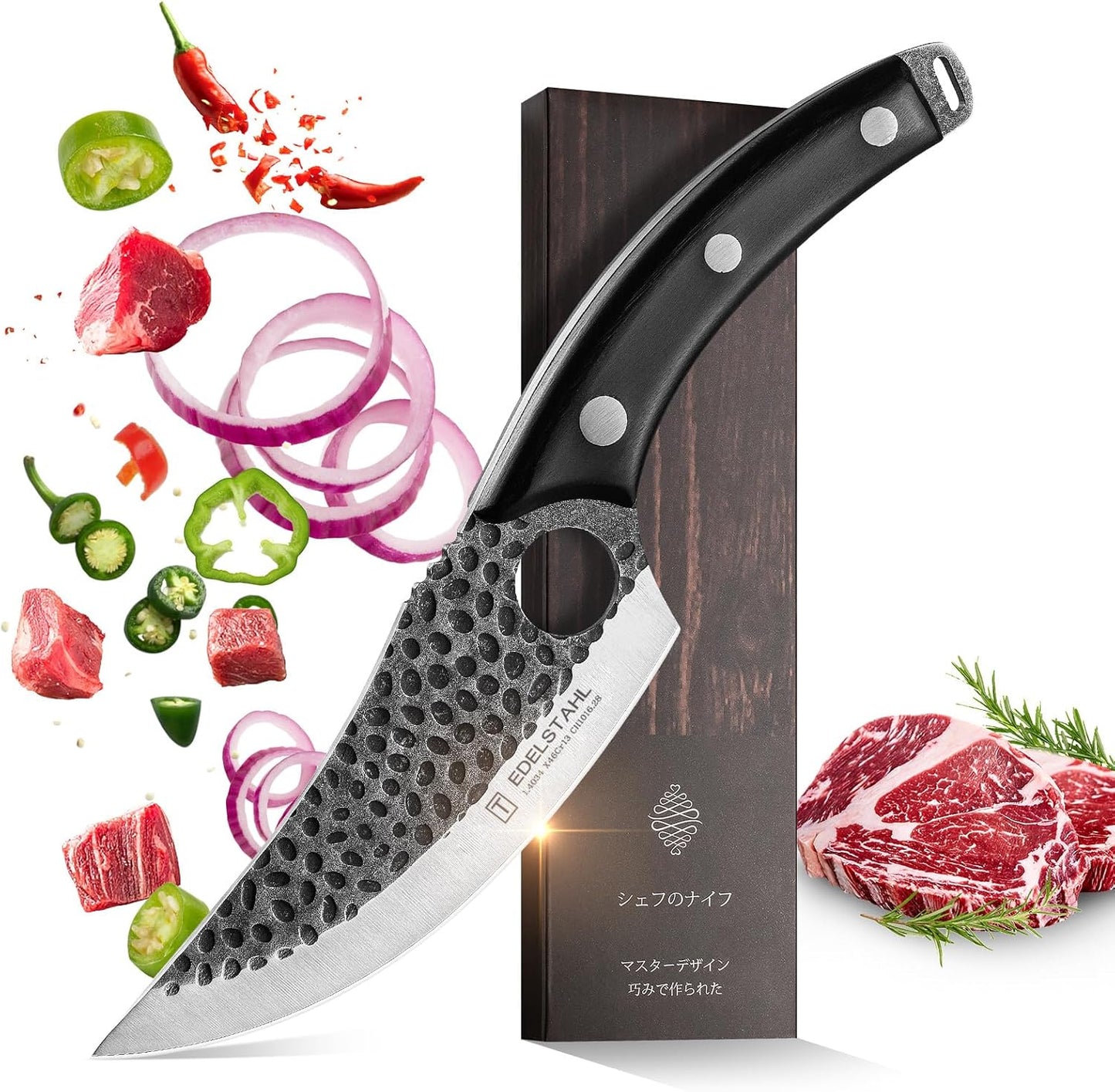 Chef Knife,Kitchen Knife for Boning,Cutting and Chopping,Hand Forged Butcher Knife,Stainless Steel Japanese Knife for Outdoor Cooking,Camping,BBQ,Ergonomic Handle,Brown