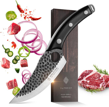 Chef Knife,Kitchen Knife for Boning,Cutting and Chopping,Hand Forged Butcher Knife,Stainless Steel Japanese Knife for Outdoor Cooking,Camping,BBQ,Ergonomic Handle,Brown