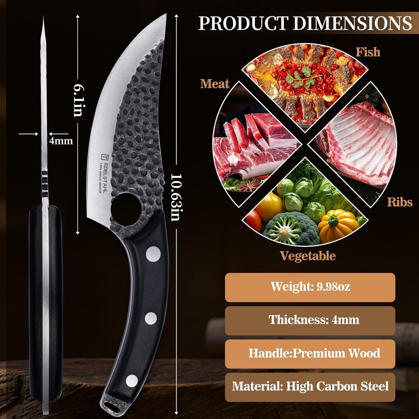Chef Knife,Kitchen Knife for Boning,Cutting and Chopping,Hand Forged Butcher Knife,Stainless Steel Japanese Knife for Outdoor Cooking,Camping,BBQ,Ergonomic Handle,Brown