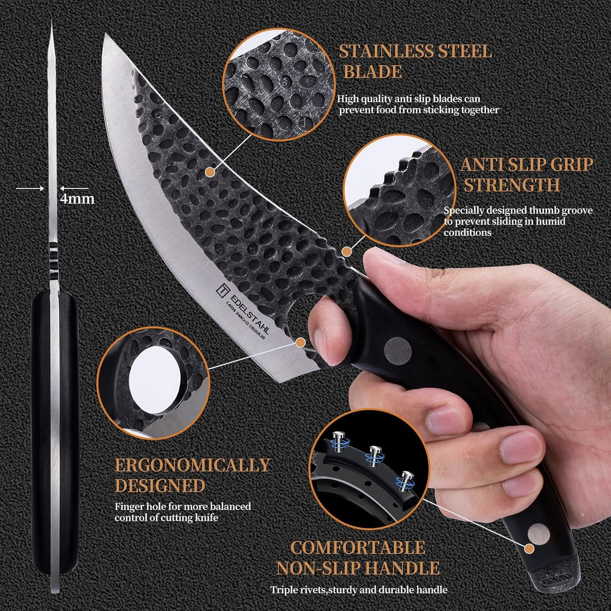 Chef Knife,Kitchen Knife for Boning,Cutting and Chopping,Hand Forged Butcher Knife,Stainless Steel Japanese Knife for Outdoor Cooking,Camping,BBQ,Ergonomic Handle,Brown