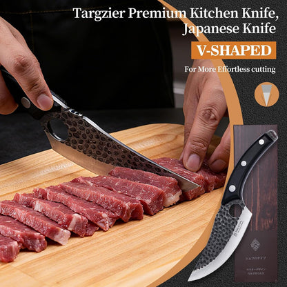 Chef Knife,Kitchen Knife for Boning,Cutting and Chopping,Hand Forged Butcher Knife,Stainless Steel Japanese Knife for Outdoor Cooking,Camping,BBQ,Ergonomic Handle,Brown