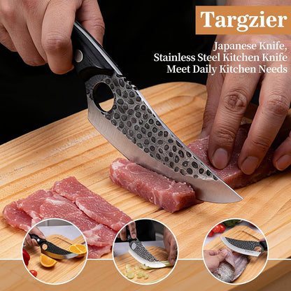 Chef Knife,Kitchen Knife for Boning,Cutting and Chopping,Hand Forged Butcher Knife,Stainless Steel Japanese Knife for Outdoor Cooking,Camping,BBQ,Ergonomic Handle,Brown