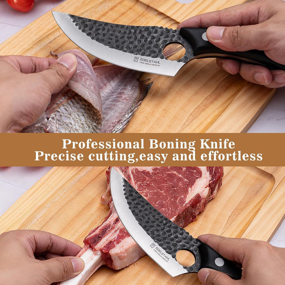 Chef Knife,Kitchen Knife for Boning,Cutting and Chopping,Hand Forged Butcher Knife,Stainless Steel Japanese Knife for Outdoor Cooking,Camping,BBQ,Ergonomic Handle,Brown