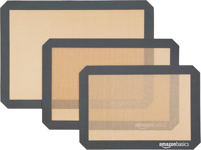 Rectangular Non-Stick Silicone Baking Mat, Food Safe, Heat Resistant, 9"x13", 9.9"x14.8", and 16.5"x11.6", Beige/Gray, Pack of 3