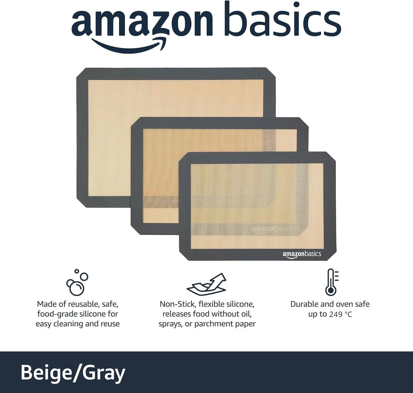 Rectangular Non-Stick Silicone Baking Mat, Food Safe, Heat Resistant, 9"x13", 9.9"x14.8", and 16.5"x11.6", Beige/Gray, Pack of 3