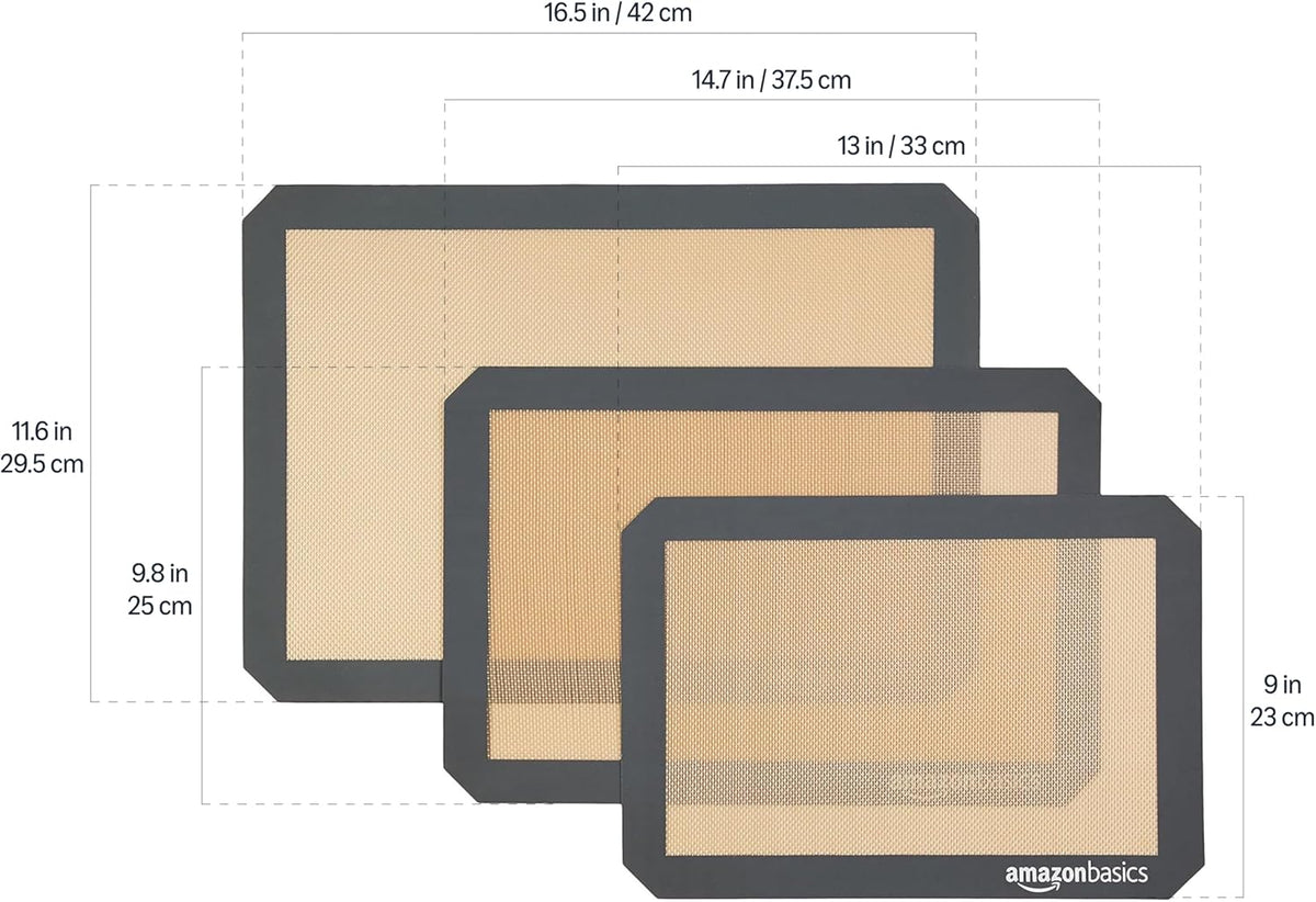 Rectangular Non-Stick Silicone Baking Mat, Food Safe, Heat Resistant, 9"x13", 9.9"x14.8", and 16.5"x11.6", Beige/Gray, Pack of 3