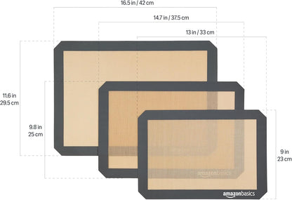 Rectangular Non-Stick Silicone Baking Mat, Food Safe, Heat Resistant, 9"x13", 9.9"x14.8", and 16.5"x11.6", Beige/Gray, Pack of 3