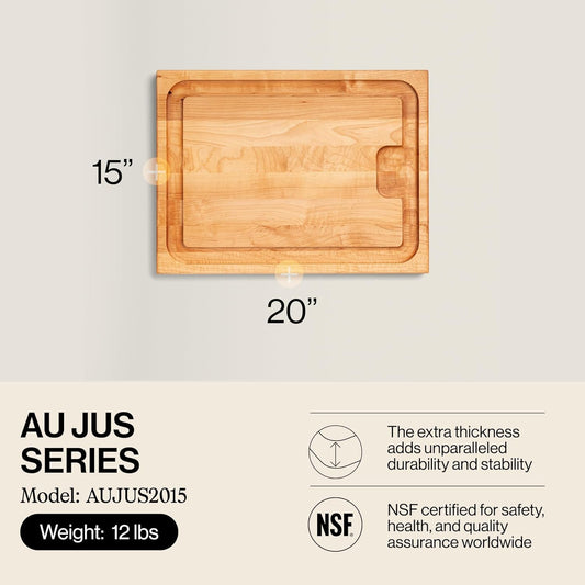 Aujus Series Rectangular Wooden Maple Cutting Board 20”x15” – 1.5” Thick, 12-lb Reversible Butcher Block with Sloped Juice Groove, Edge-Grain & Finger Grips – Made in the USA