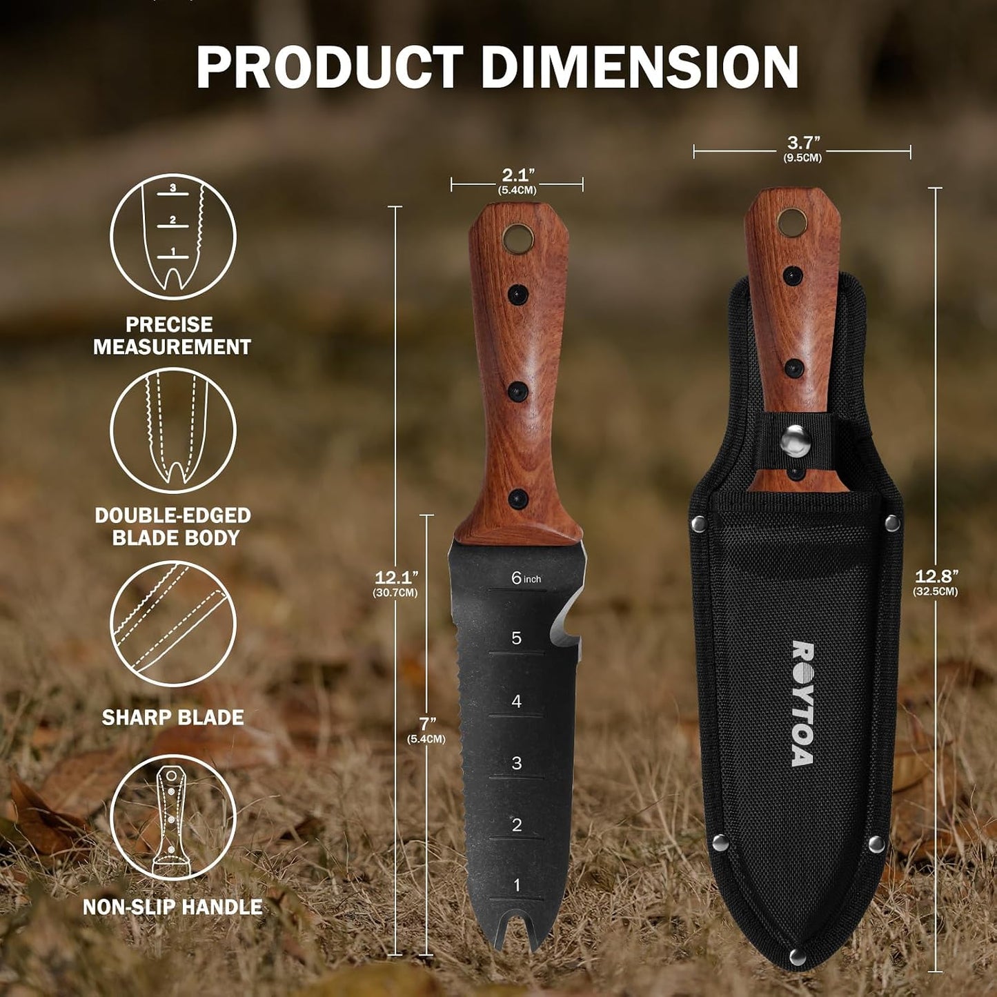Hori Hori Garden Knife, Garden Tools with Sheath for Weeding,Planting,Digging, 7" Stainless Steel Blade with Cutting Edge, Full-Tang Wood Handle with Hanging Hole