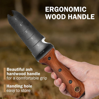 Hori Hori Garden Knife, Garden Tools with Sheath for Weeding,Planting,Digging, 7" Stainless Steel Blade with Cutting Edge, Full-Tang Wood Handle with Hanging Hole