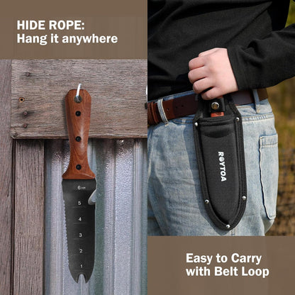 Hori Hori Garden Knife, Garden Tools with Sheath for Weeding,Planting,Digging, 7" Stainless Steel Blade with Cutting Edge, Full-Tang Wood Handle with Hanging Hole