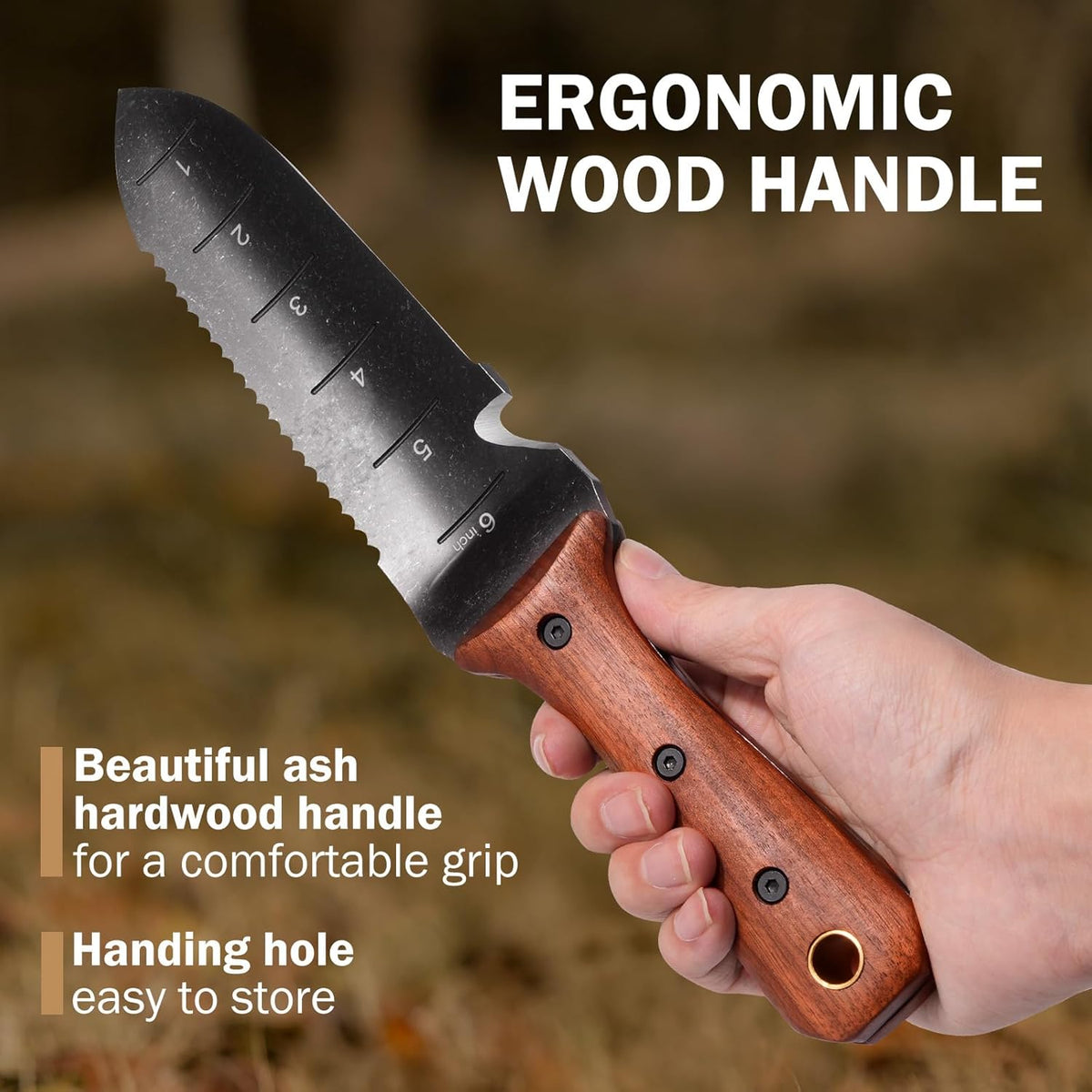 Hori Hori Garden Knife, Garden Tools with Sheath for Weeding,Planting,Digging, 7" Stainless Steel Blade with Cutting Edge, Full-Tang Wood Handle with Hanging Hole