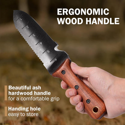Hori Hori Garden Knife, Garden Tools with Sheath for Weeding,Planting,Digging, 7" Stainless Steel Blade with Cutting Edge, Full-Tang Wood Handle with Hanging Hole