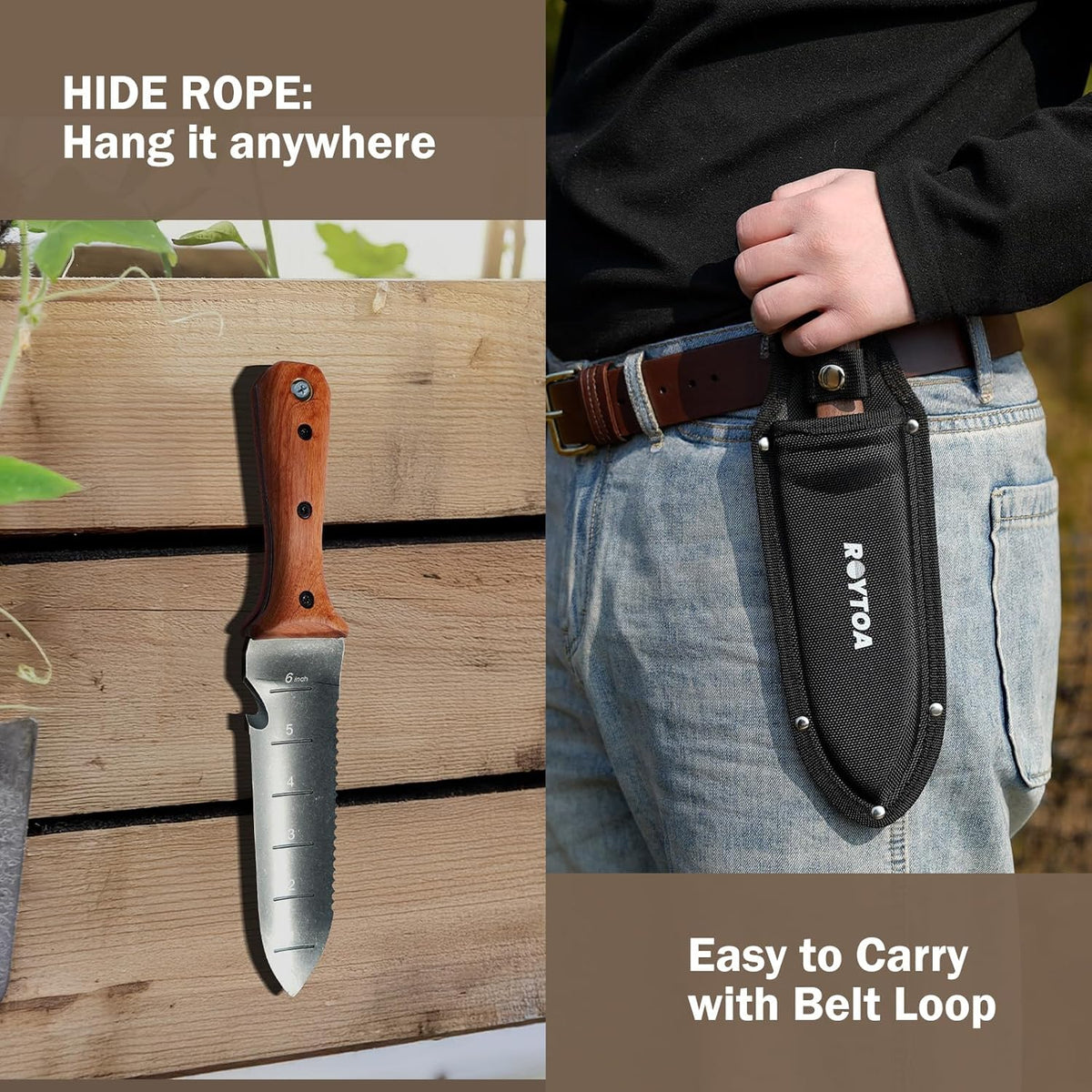 Hori Hori Garden Knife, Garden Tools with Sheath for Weeding,Planting,Digging, 7" Stainless Steel Blade with Cutting Edge, Full-Tang Wood Handle with Hanging Hole
