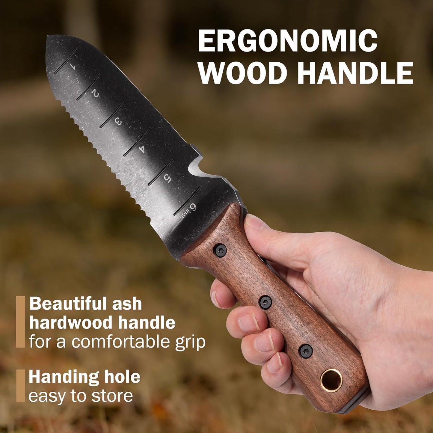 Hori Hori Garden Knife, Garden Tools with Sheath for Weeding,Planting,Digging, 7" Stainless Steel Blade with Cutting Edge, Full-Tang Wood Handle with Hanging Hole