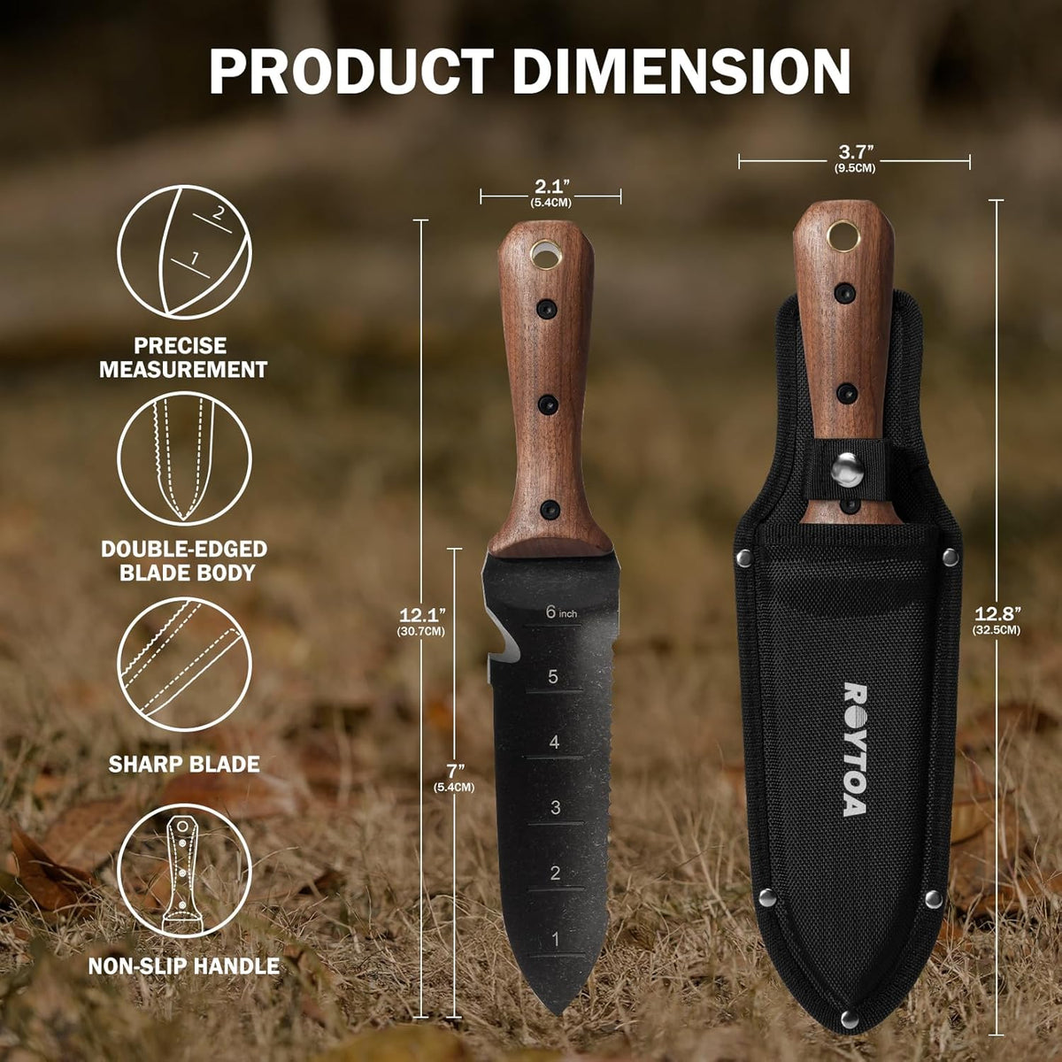 Hori Hori Garden Knife, Garden Tools with Sheath for Weeding,Planting,Digging, 7" Stainless Steel Blade with Cutting Edge, Full-Tang Wood Handle with Hanging Hole