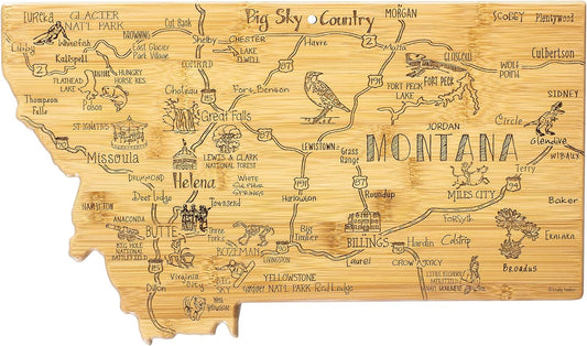 Destination Montana State Shaped Cutting Board | State charcuterie serving board with engraved map artwork. Smooth reverse side for food prep. Hang tie for wall display.