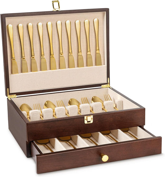 Silverware Storage Box, 2-Layer Flatware Storage Case with Drawer, Wooden Silverware Chest with Linen Liner, Rustic Silverware Case for Storing Fine Flatware and Utensils (Walnut)