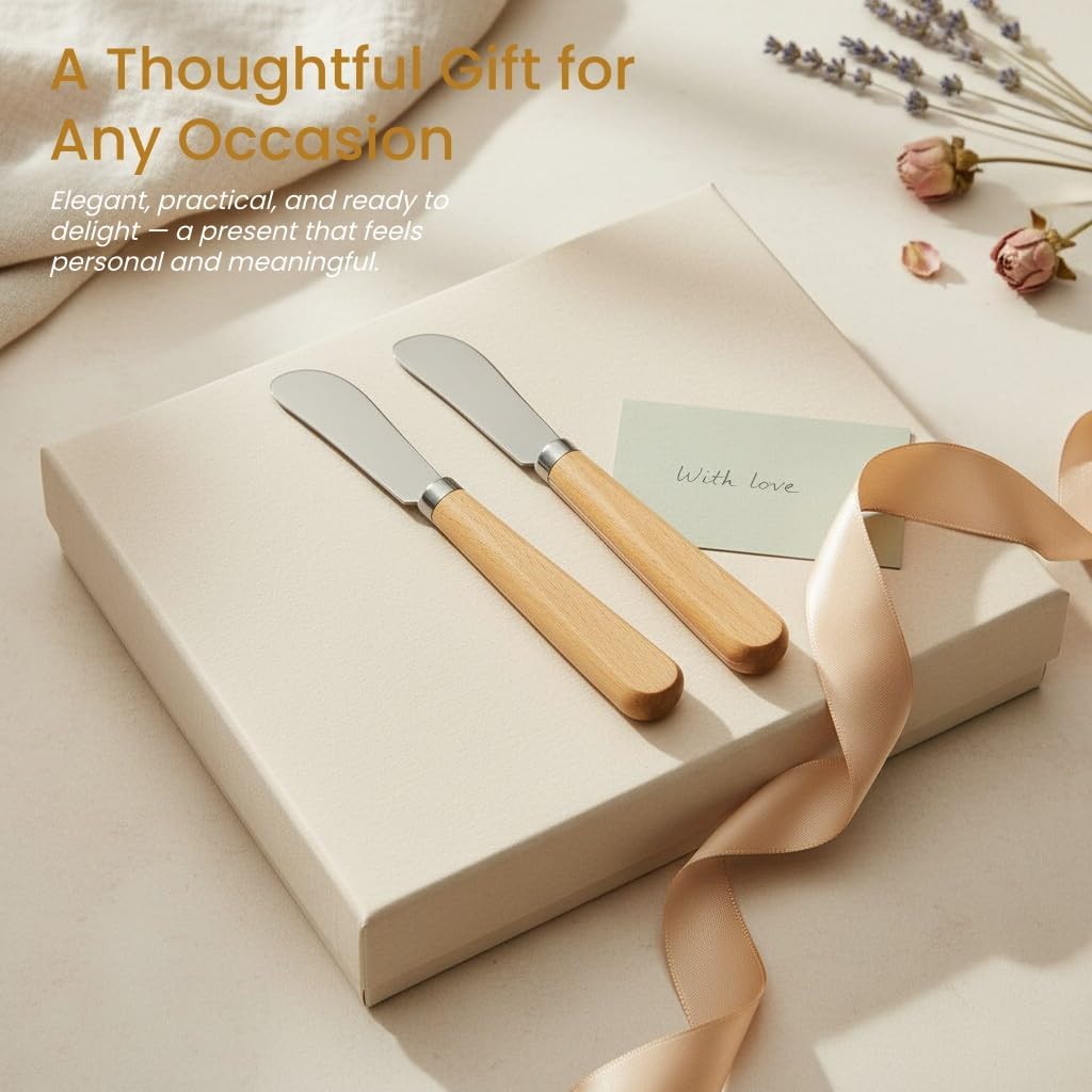 Butter Knives Set of 2, Beechwood Handle, Durable Stainless Steel Blade, Butter Knife for Smooth Spreading Butter Cream Cheese Jam, Ideal for Bagels, Sandwiches, Butter Knife Spreader 7 Inches