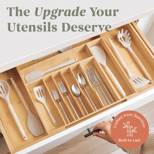 Silverware & Utensil Drawer Organizer, 18-33 in, Bamboo | Cutlery, flatware, food-safe contract grade, kitchen drawer fit