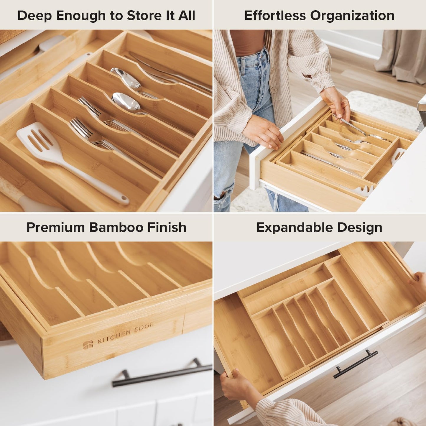 Silverware & Utensil Drawer Organizer, 18-33 in, Bamboo | Cutlery, flatware, food-safe contract grade, kitchen drawer fit