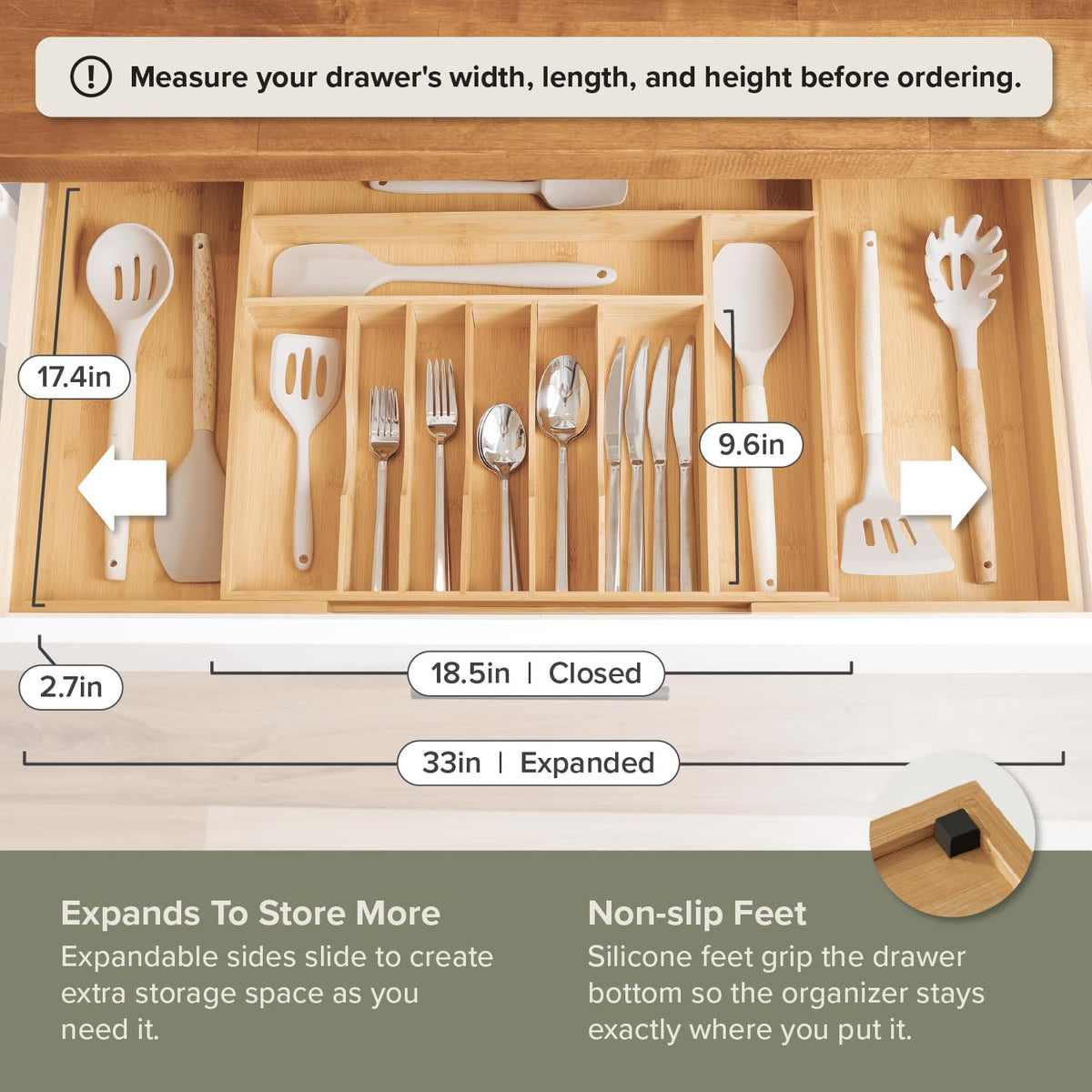 Silverware & Utensil Drawer Organizer, 18-33 in, Bamboo | Cutlery, flatware, food-safe contract grade, kitchen drawer fit