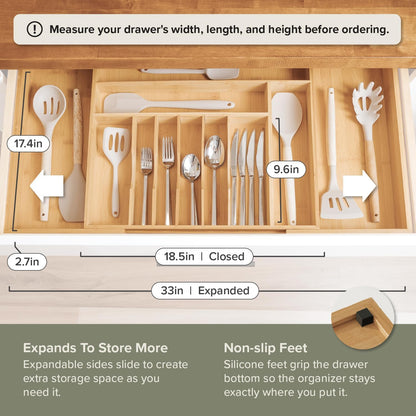 Silverware & Utensil Drawer Organizer, 18-33 in, Bamboo | Cutlery, flatware, food-safe contract grade, kitchen drawer fit