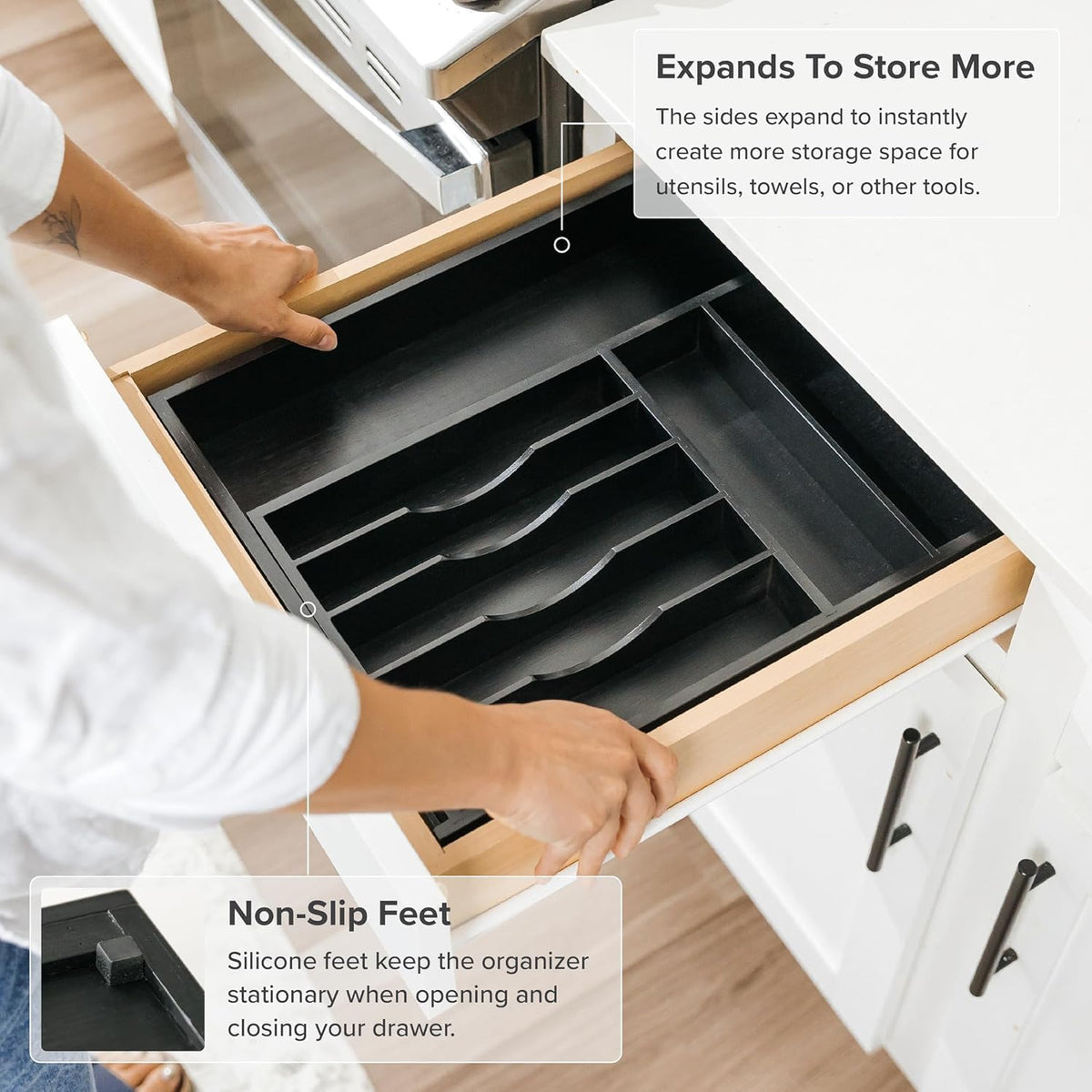 Silverware & Utensil Drawer Organizer, 18-33 in, Bamboo | Cutlery, flatware, food-safe contract grade, kitchen drawer fit