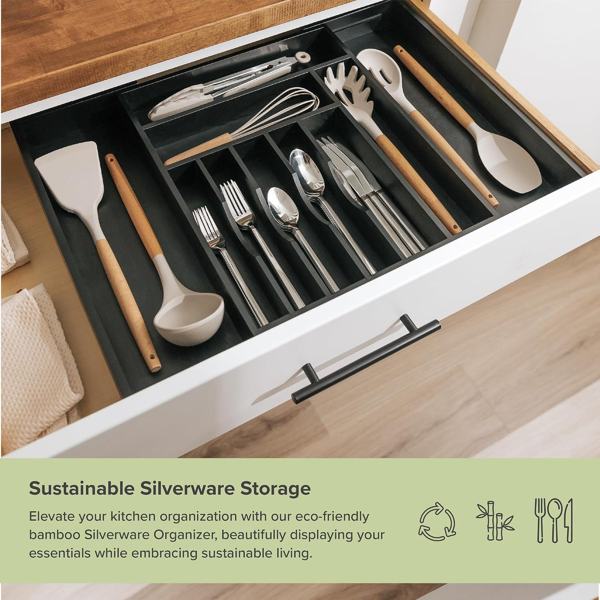 Silverware & Utensil Drawer Organizer, 18-33 in, Bamboo | Cutlery, flatware, food-safe contract grade, kitchen drawer fit