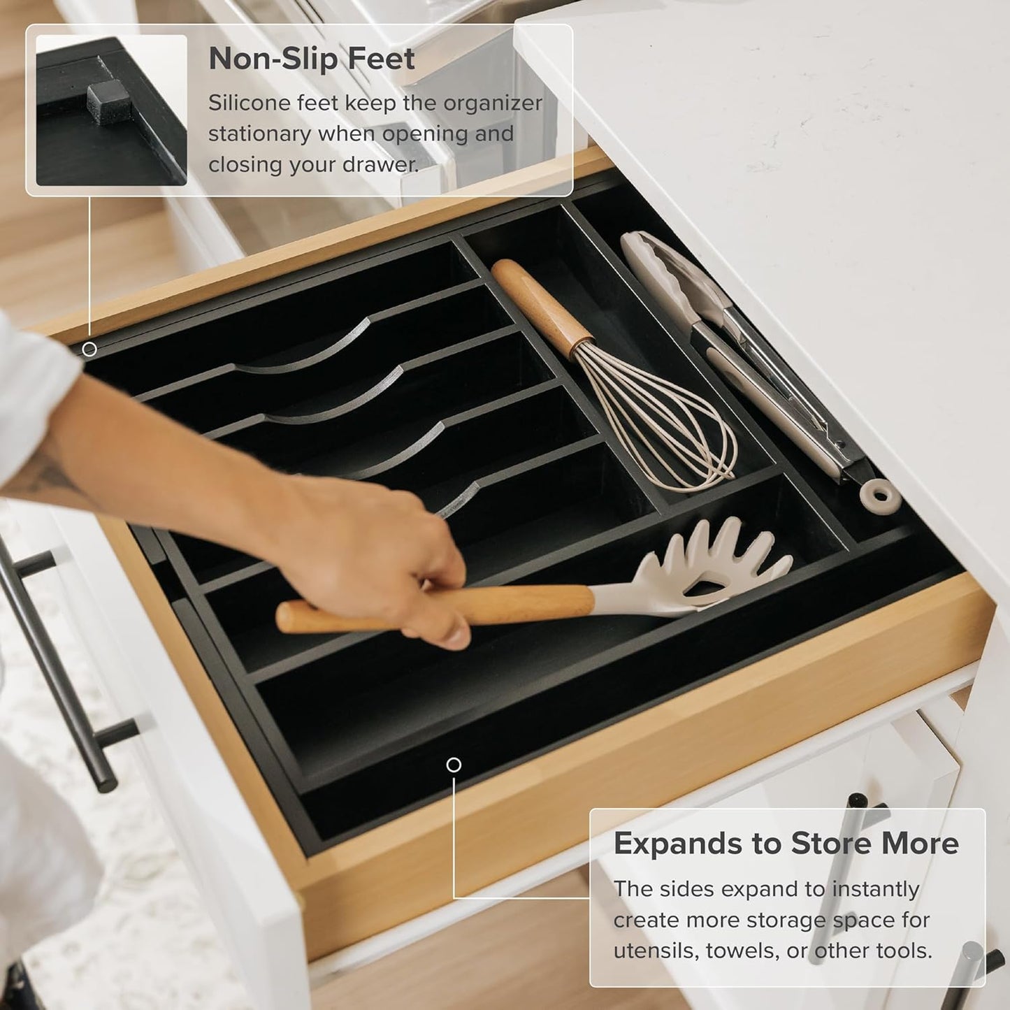 Silverware & Utensil Drawer Organizer, 18-33 in, Bamboo | Cutlery, flatware, food-safe contract grade, kitchen drawer fit