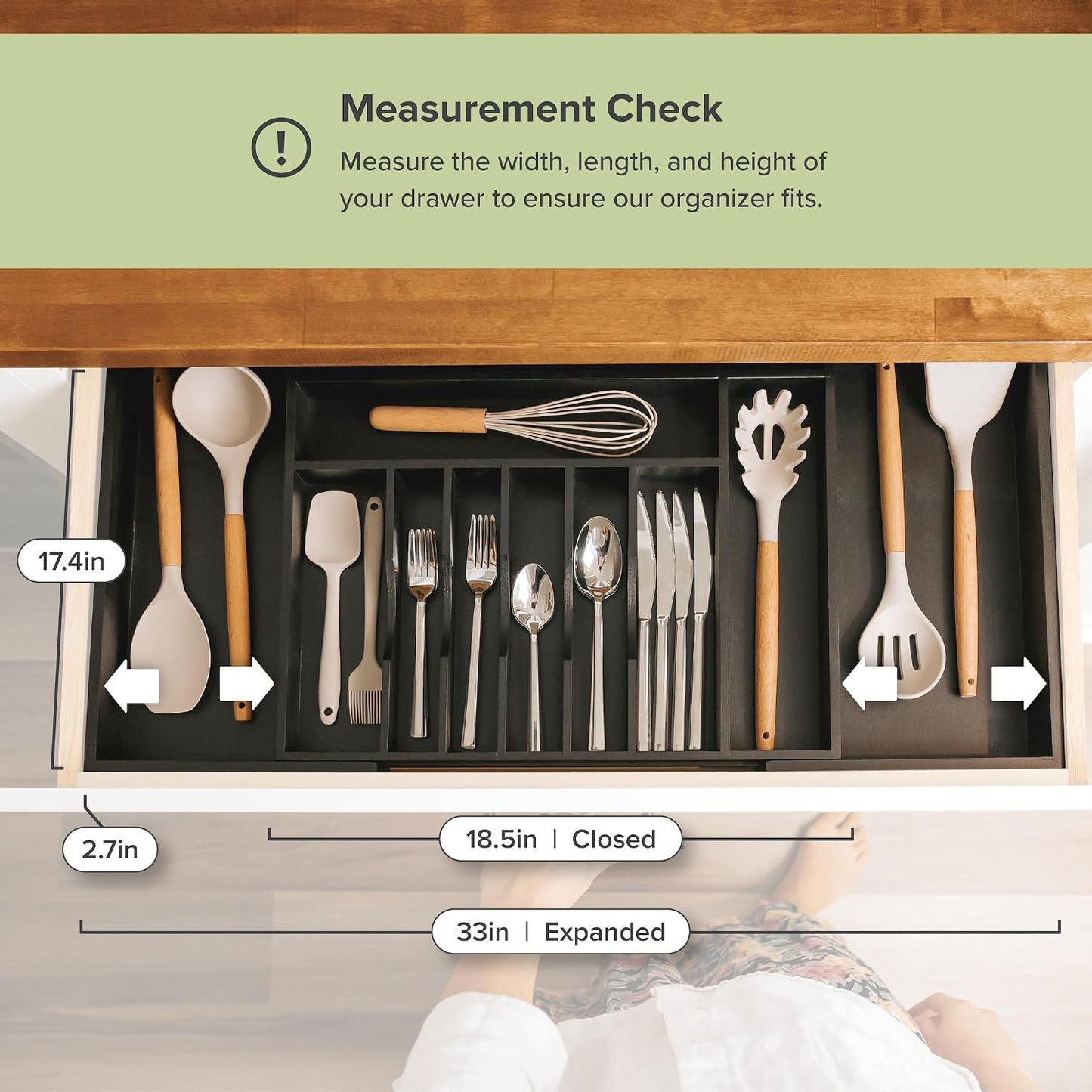 Silverware & Utensil Drawer Organizer, 18-33 in, Bamboo | Cutlery, flatware, food-safe contract grade, kitchen drawer fit