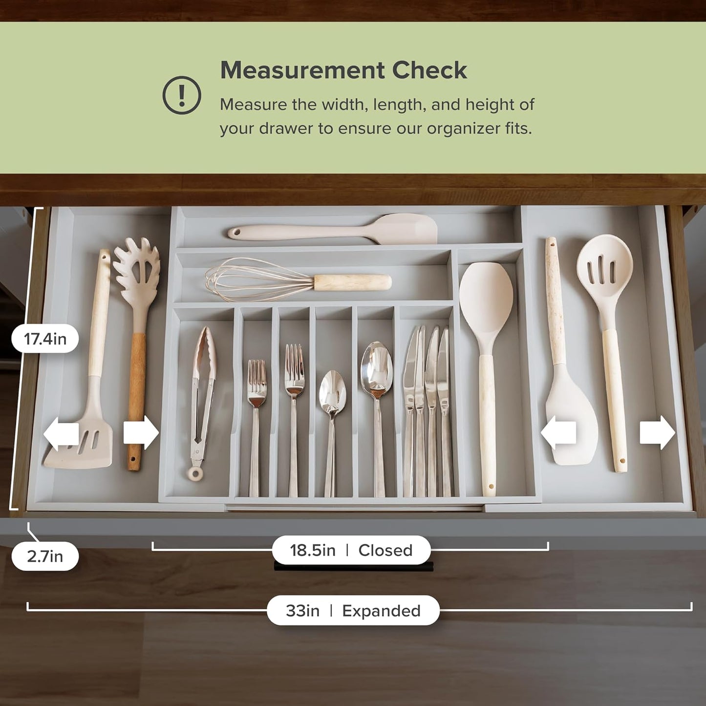 Silverware & Utensil Drawer Organizer, 18-33 in, Bamboo | Cutlery, flatware, food-safe contract grade, kitchen drawer fit