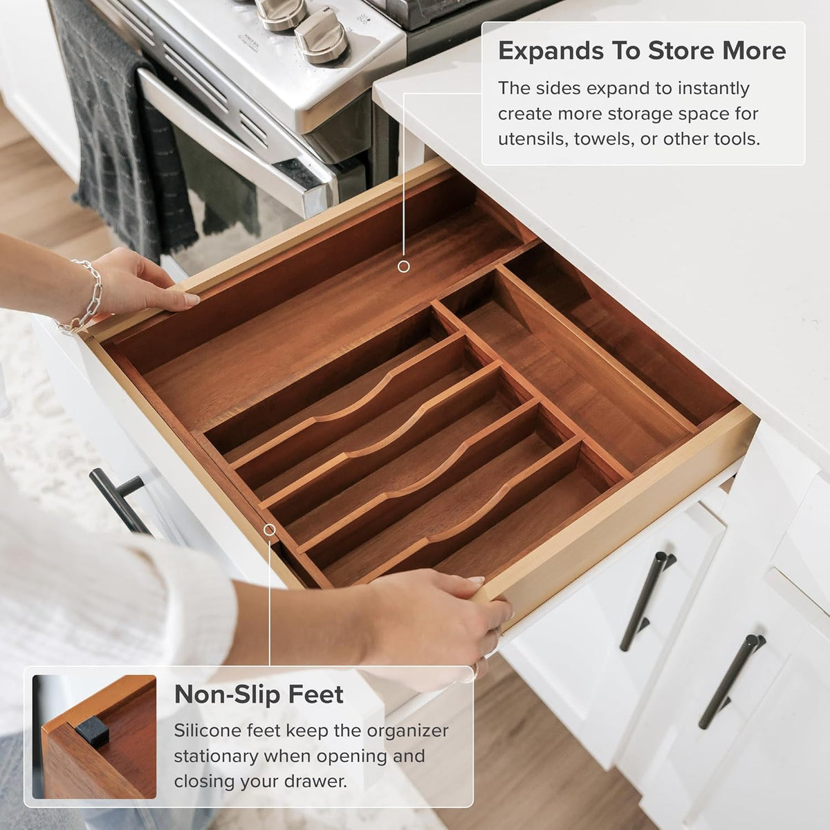 Silverware & Utensil Drawer Organizer, 18-33 in, Bamboo | Cutlery, flatware, food-safe contract grade, kitchen drawer fit